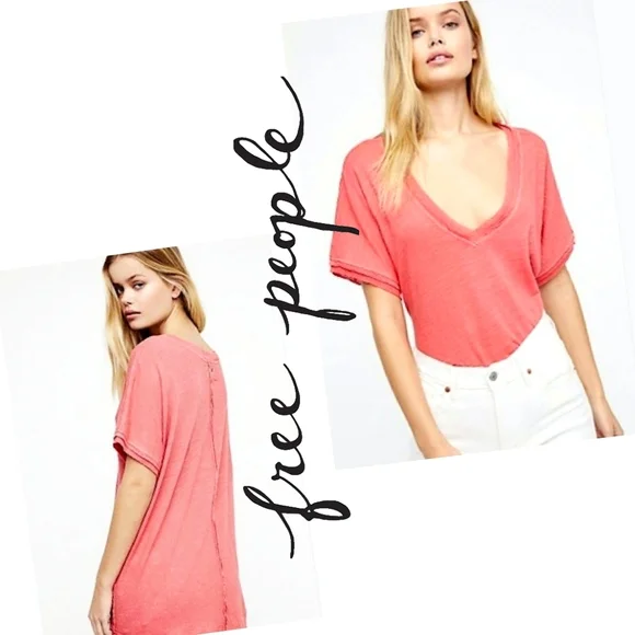 We the Free by FP " Take Me" boyfriend v-neck burnout tee destructed melon Med. - Picture 1 of 15